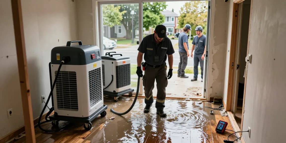 Water Damage Restoration West Vancouver: Professional technician extracting water using industrial equipment in a flooded basement.