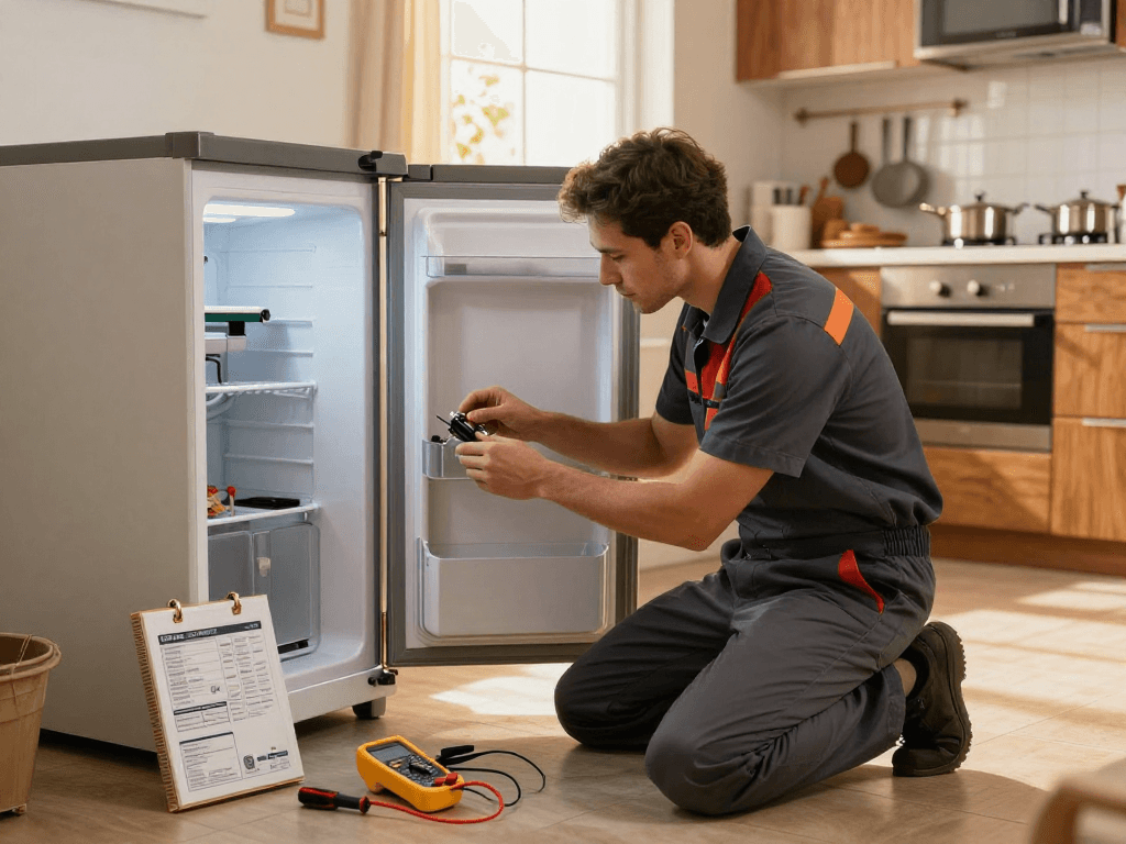 Technician performing freezer repair in a modern kitchen, diagnosing issues with tools and manual.