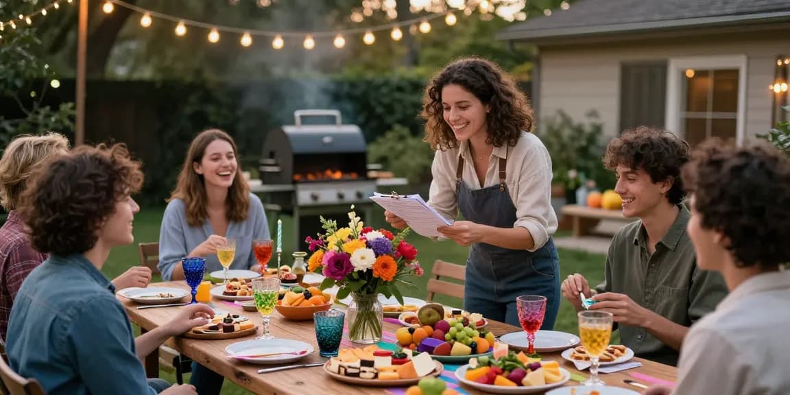 Party planner near me setting up a backyard celebration with friends, colorful decorations, and joyful atmosphere.