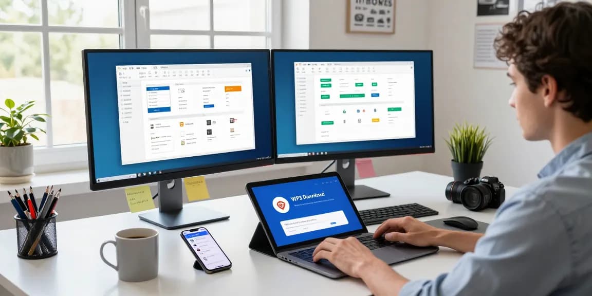 WPS Download in a modern tech workspace with productivity tools displayed.