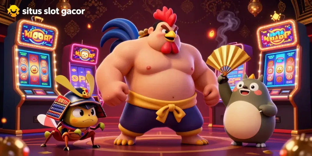 Situs slot gacor menghadirkan keseruan permainan dengan karakter sumo dan samurai dalam ilustrasi kasino 3D.