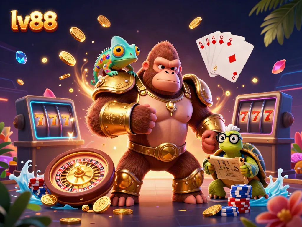 Engage with thrilling gaming adventures at lv88 with a vibrant 3D casino scene featuring colorful characters and dynamic game elements.