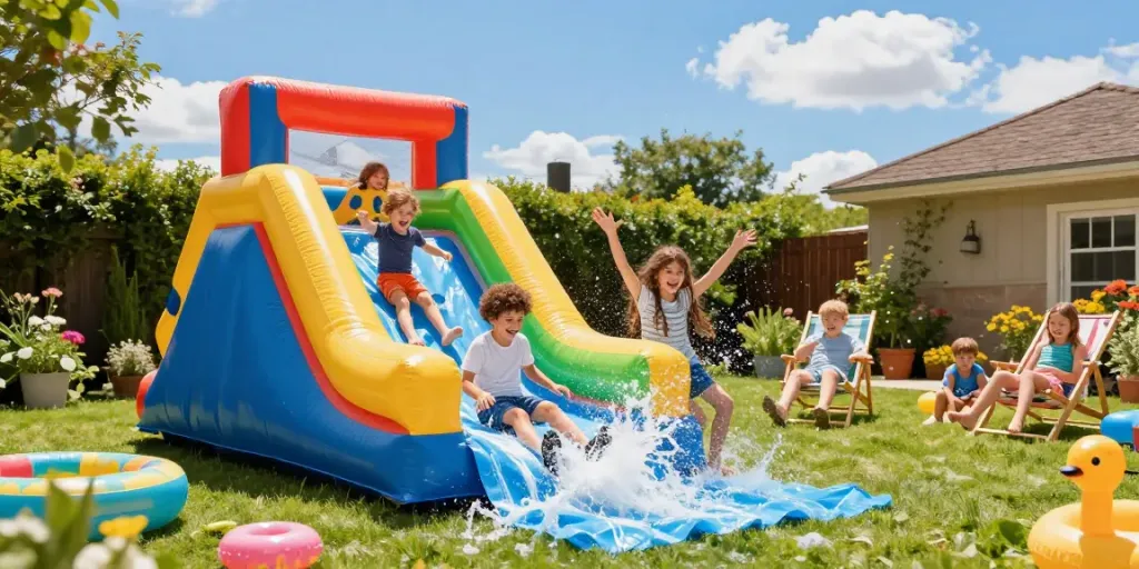 Kids enjoying a slide water slide in a vibrant backyard, summer fun captured.