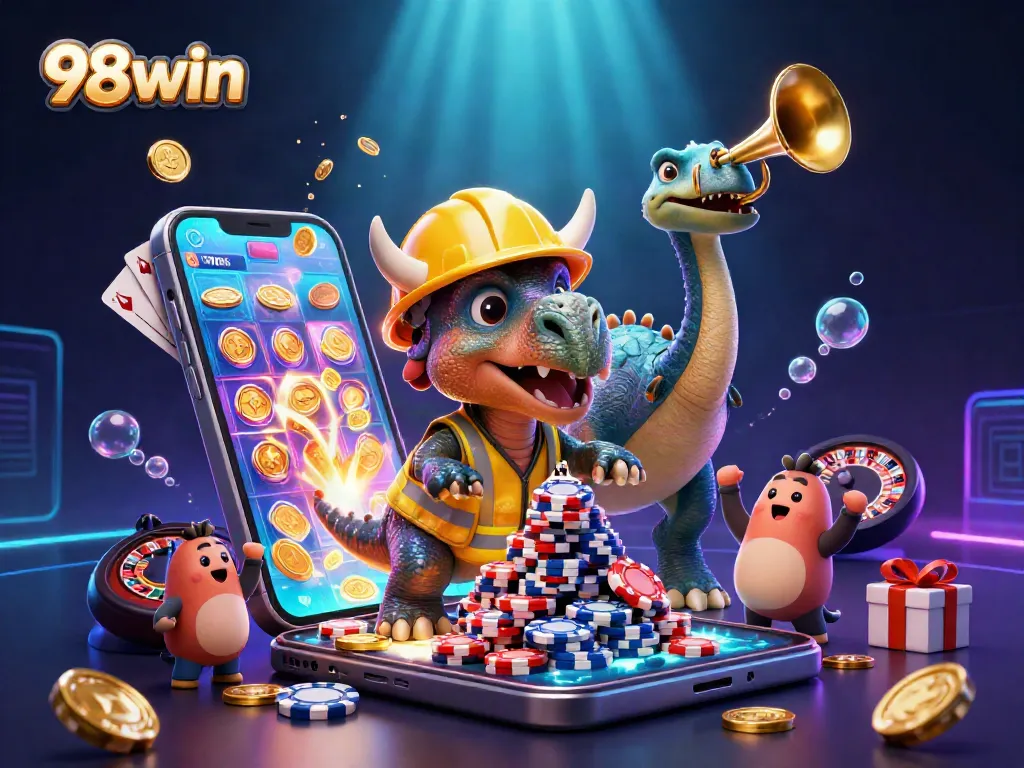 Engage in thrilling gameplay with 98win through vibrant slots and casino elements in a festive digital scene.