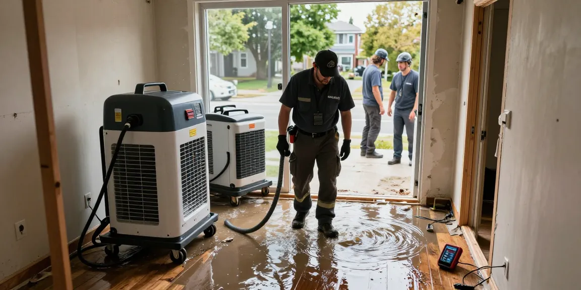 Water Damage Restoration West Vancouver: Professional technician extracting water using industrial equipment in a flooded basement.
