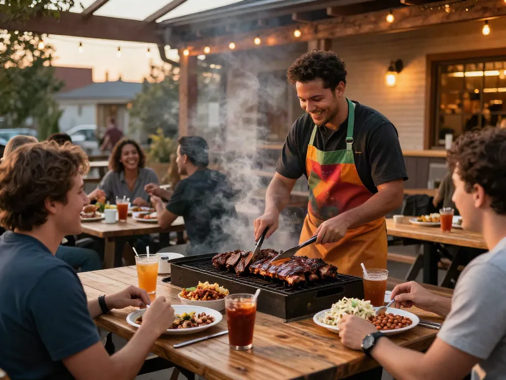 bbq restaurant alberta scene with patrons enjoying smoked meats and lively atmosphere