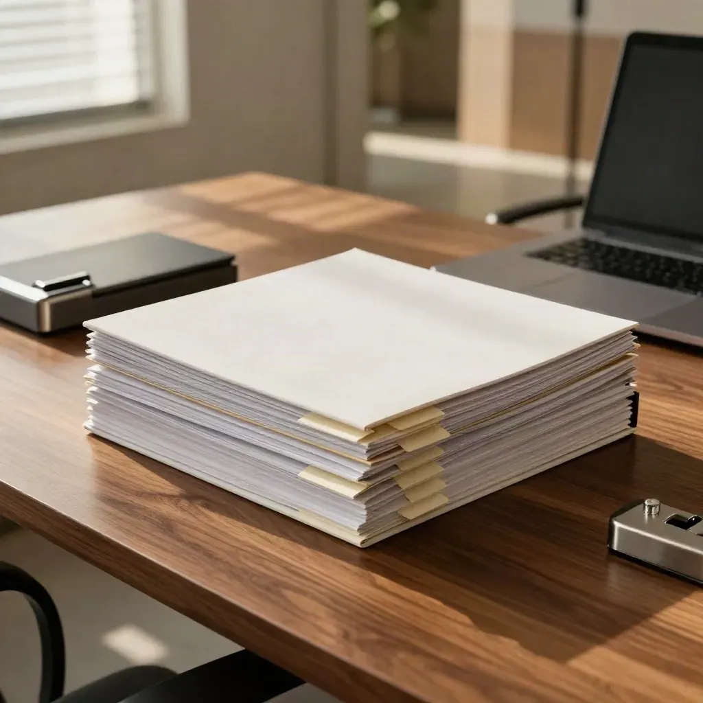 Legal file folders, closed laptop, and paperweight on a warm boardroom table in soft daylight.