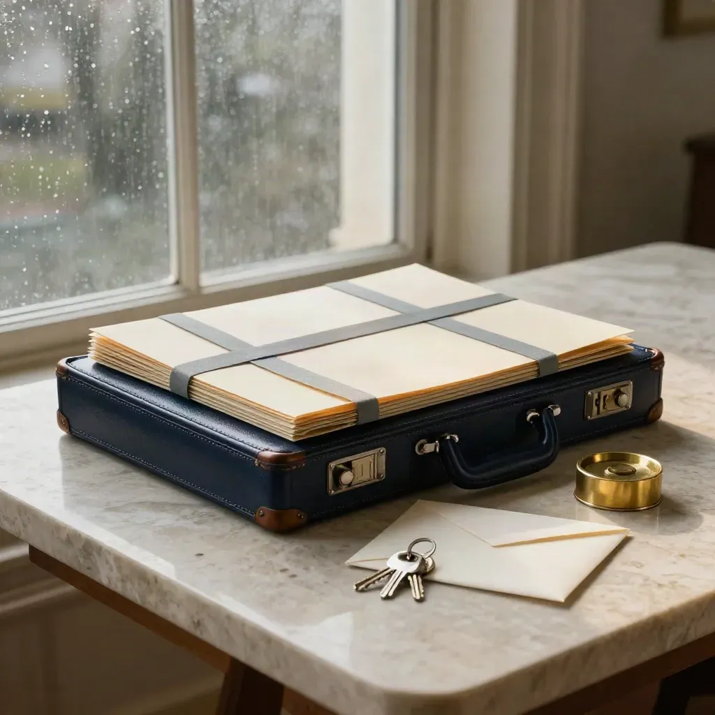 Lawyer-themed still life with briefcase, legal folders, passport sleeve, will envelope and keys on stone.