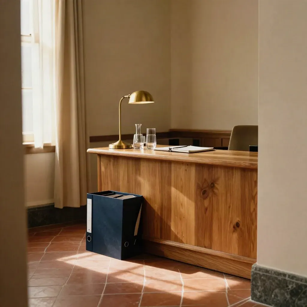 Quiet legal reception corner with chairs, file folder, notebook and carafe in warm afternoon light.