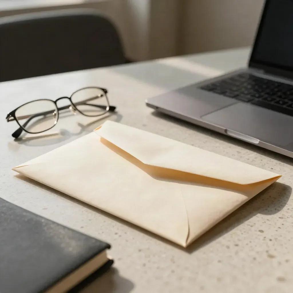 Severance envelope, closed laptop, glasses and notebook on a travertine office desk.