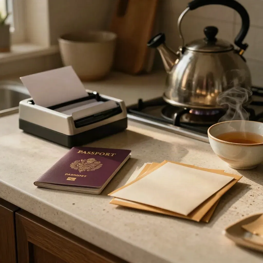 Quiet kitchen counter with passport booklet, mail sorter, envelopes, ceramic bowl, and kettle