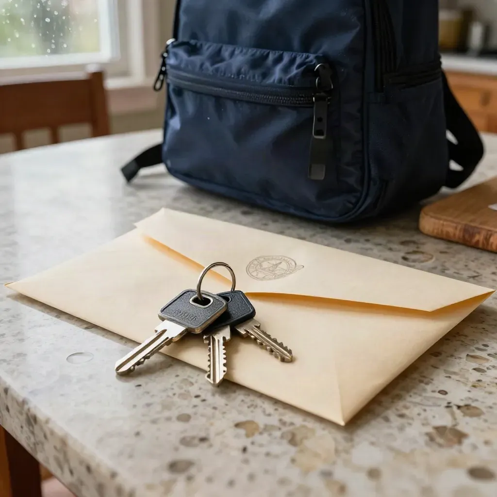 Rain-streaked kitchen table with backpack, keys, and sealed court envelope, tense after school pickup.
