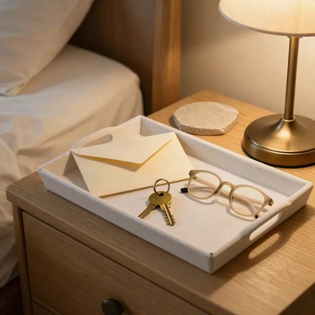 Top-down bedside table with a will envelope, key ring, pen, and folded glasses in warm light.