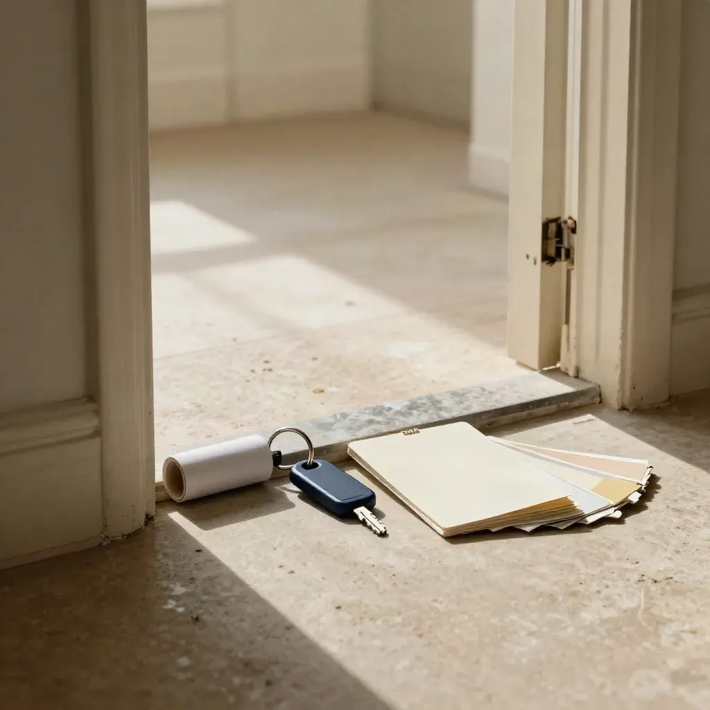 Apartment threshold lease review items: keys, folder, paint samples, and dust in sunlight.