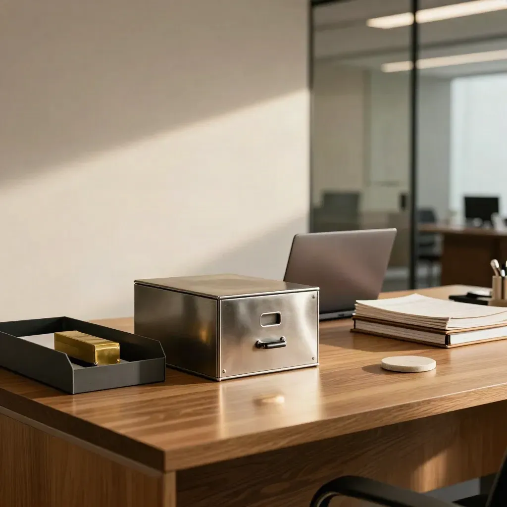 Startup legal records desk with filing box, laptop, ledger book, and brass paperweight