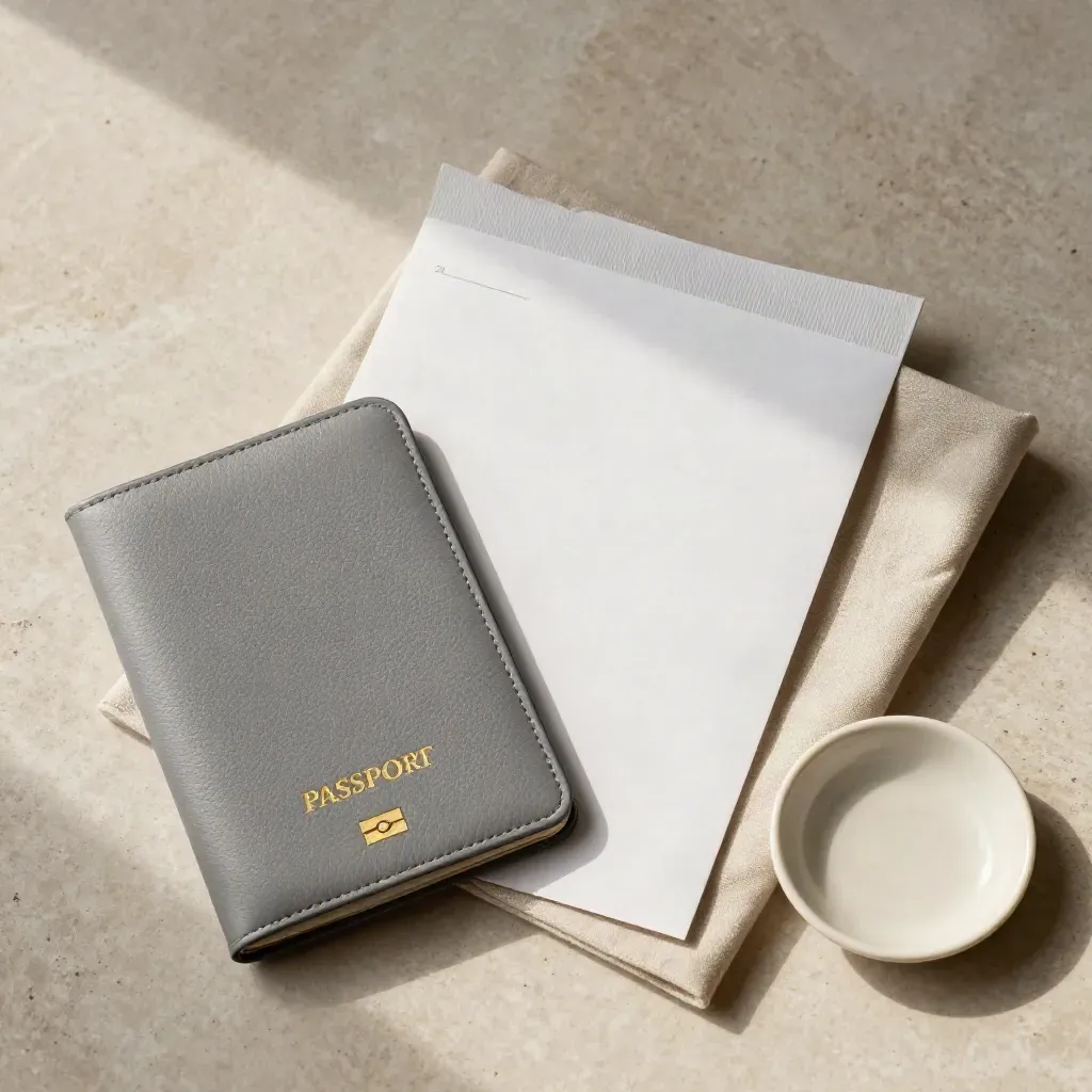 Overhead flatlay of a passport cover, mailer sleeve and linen cloth on pale stone
