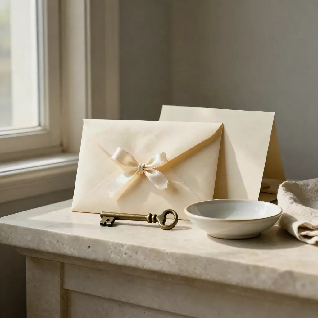Cream ribboned envelope with antique key and ceramic dish on a stone shelf.