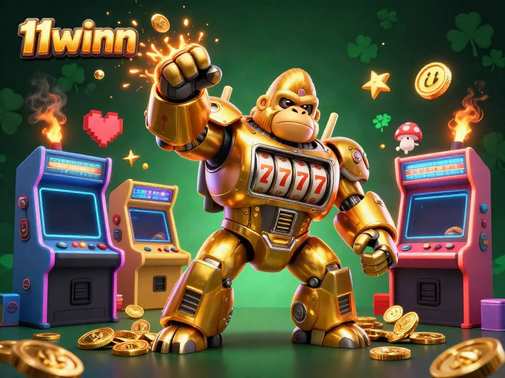 Experience 11winn's thrilling gaming adventure with a dynamic golden gorilla mech bursting with coins.