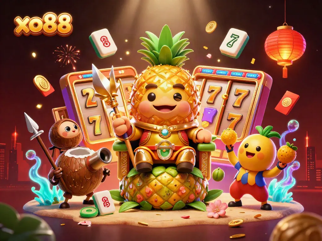 Experience excitement at xo88 with a vibrant 3D casino scene featuring the golden pineapple king and gambling elements.
