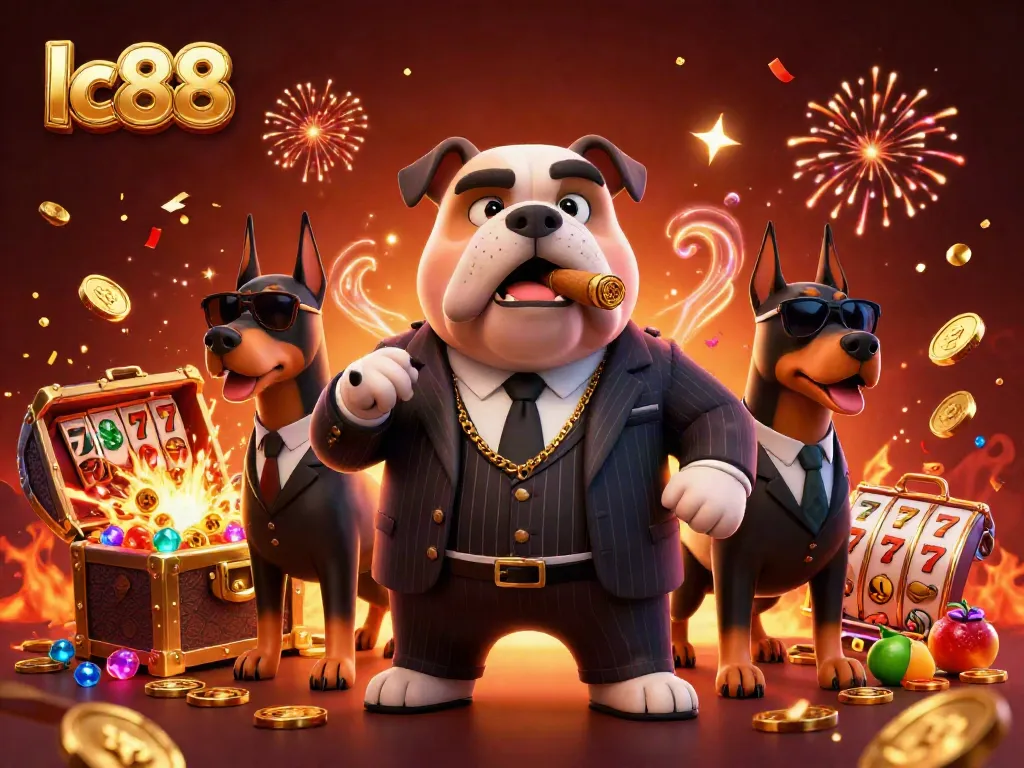 Experience the thrill of lc88 gaming with mafia characters amidst vibrant slot elements and gold coins.