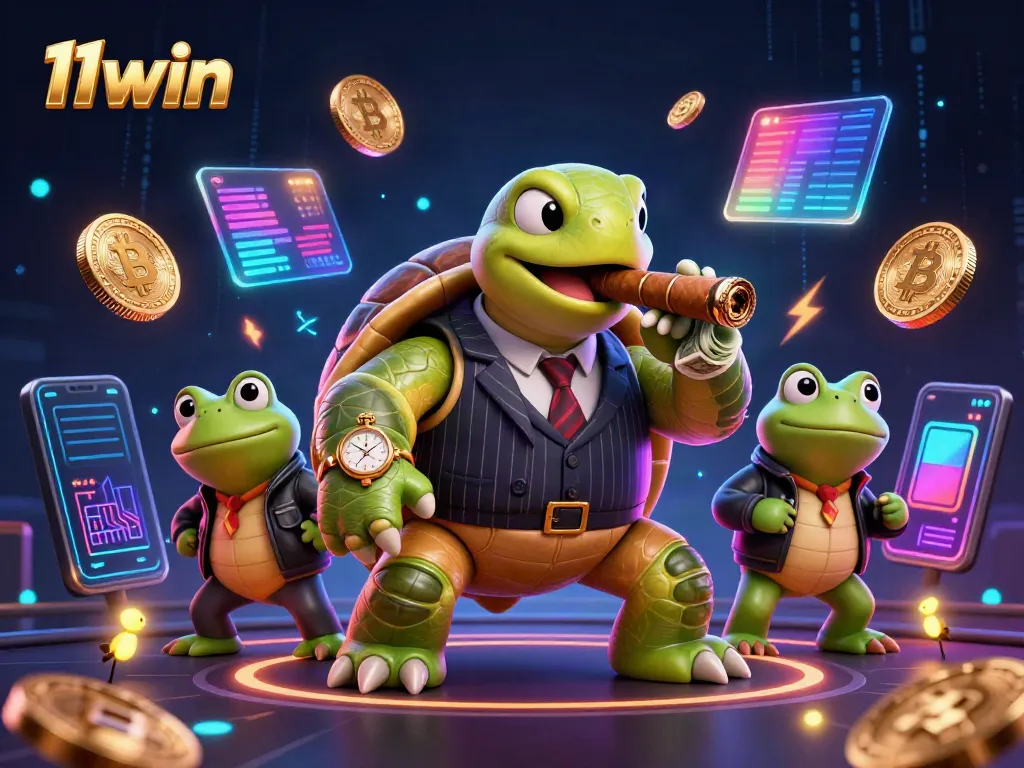 Spin the reels at 11win with vibrant casino characters and cryptocurrency elements lighting up the scene.