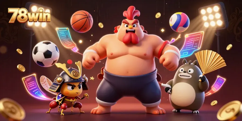 Engaging scene featuring the powerful 78win sumo wrestler and a fierce cricket among exciting casino elements.