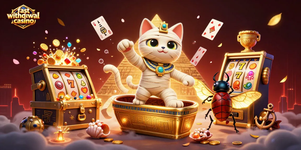 Experience the excitement of a fast withdrawal casino through vibrant illustrations of winning slots and playful characters.